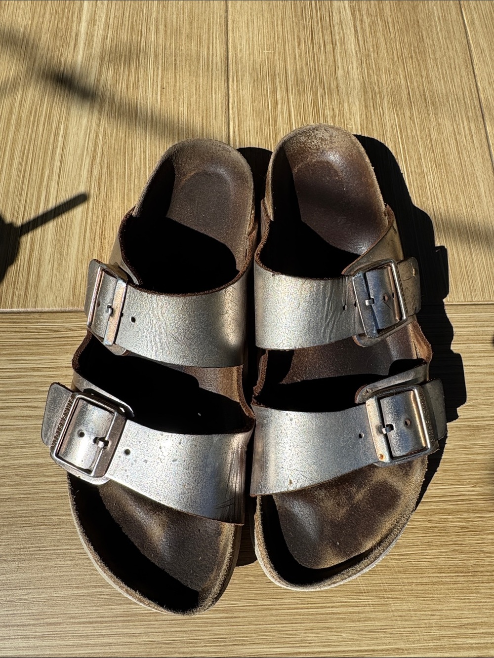 Birkenstock Metallic Rose Gold Double-Buckle Slides